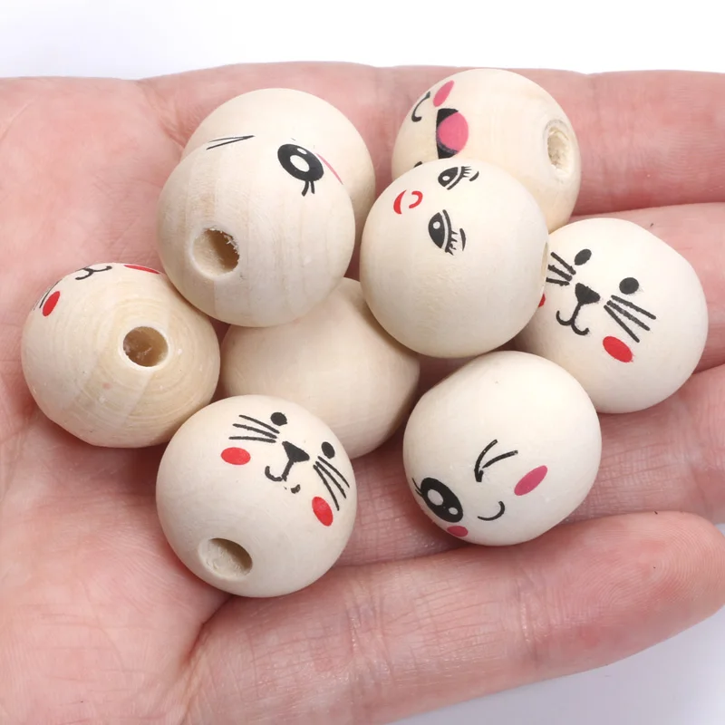 20mm 10pcs Natural Color Round Wood Beads Cute Cat Smile Face Beads For Jewelry Making Diy Needlework Craft Accessories Supplies