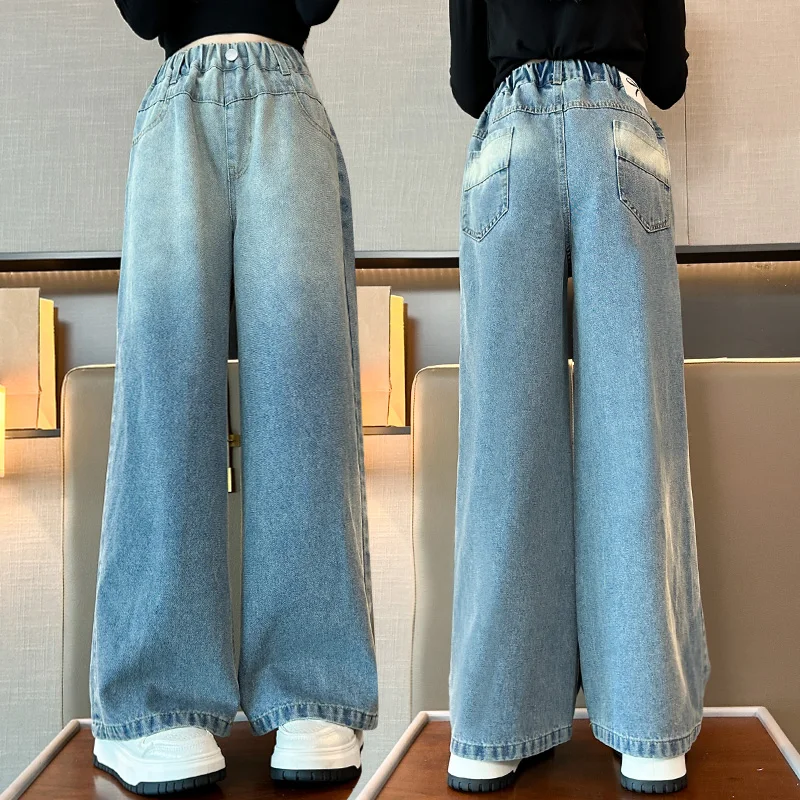 

Kids Autumn Loose Straight Denim Blue Gradient Jeans for Girls Vintage Washed Pants Children Casual Trousers 5 6 7 8 9 10 12 14Y