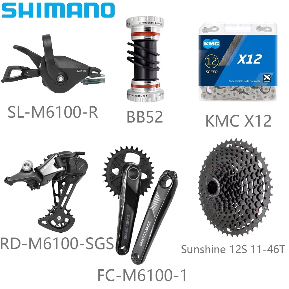 SHIMANO M6100 12 Speed Bicycle Derailleur Kits VXM X12 Chain FC-M6100-1 XT Crankset Sunshine 11-46/50/52T Cassette Bicycle Parts