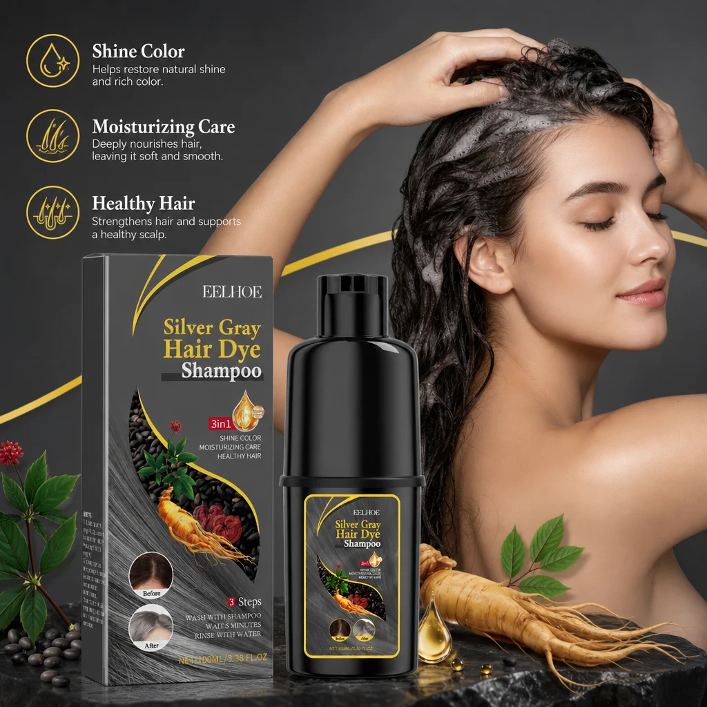 100ml Silvery Grey Hair Coloring Shampoo Natural Herbal Blend Moisturize Strands Clean Scalp Balance Oil Gentle Dye Treatment