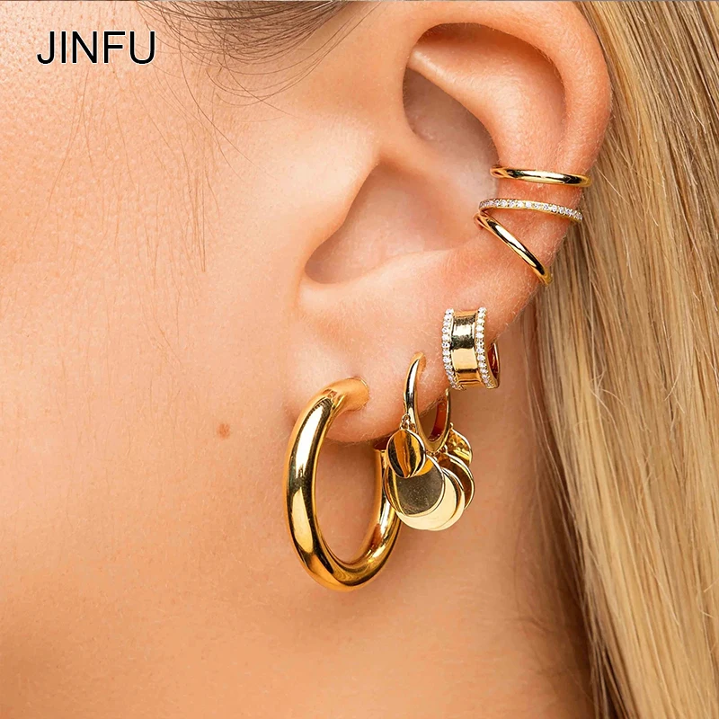 JINFU Gold-plated Hoop Clip Dangle Earrings for Women Vintage Piercing CZ Zirconia Women's Earrings Set 2023 Jewelry Wholesale