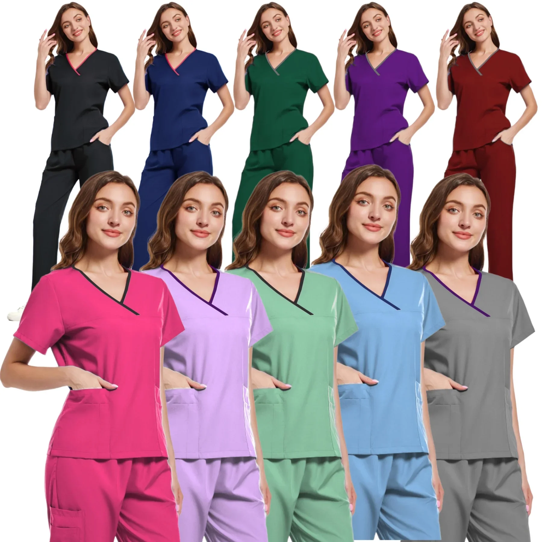 Slim Fit Medische Uniformen Vrouwen Scrubs Sets Tops En Broek Ziekenhuisartsen Verpleegkundige Kleding Accessoires Tandheelkundige Werkkleding