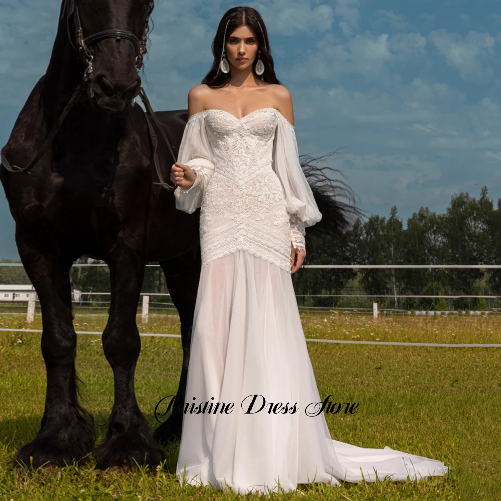 البوهيمي قبالة الكتف فستان الزفاف الحبيب للعرائس يزين الدانتيل غمد الجانب الشق تول زي العرائس حسب الطلب