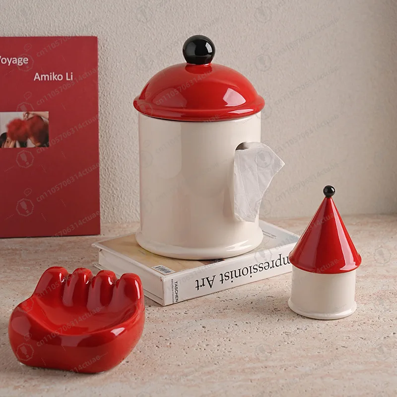 Home Desktop Dopamine Ornament, Ceramic Multifunctional Tissue Box Vase Floss Tube view 4