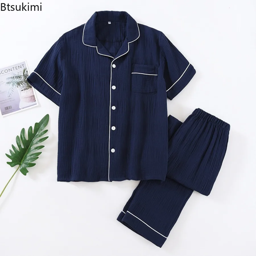 2024 Men's Pajama Sets 100% Cotton Crepe Casual Homewear Two Pieces Short Sleeve Tops and Pants Men Simple Lounge Sleepwear Suit