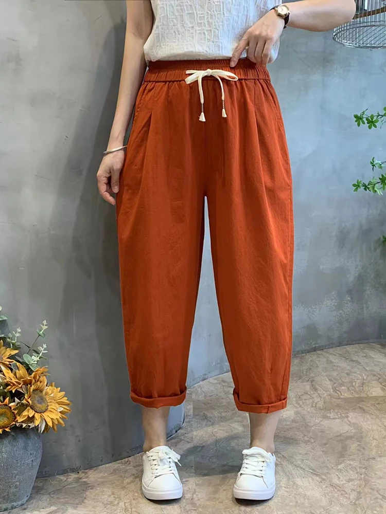 Khaki Classic Cotton Harem Pants for Women 2023 Sumemr White Elastic Waist Bloomers Trousers Home Capri Pants Women's Joggers