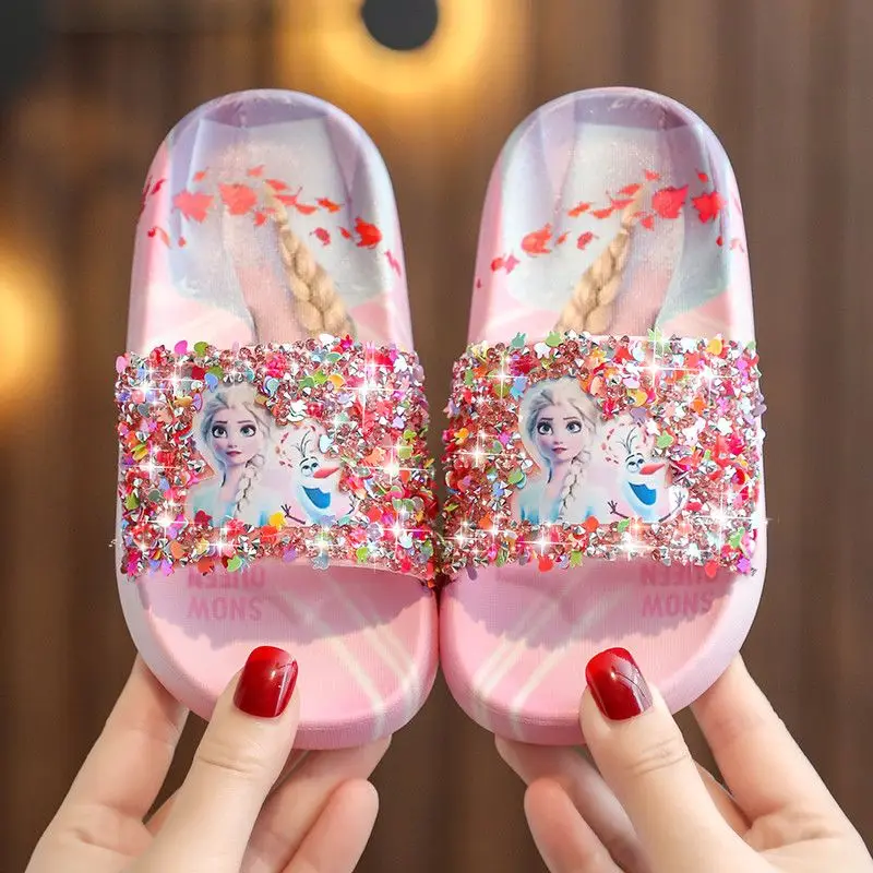 Disney elsa frozen Princess Children\'s Slippers Summer non-slip Girls Crystal Fashion indoor home soft soles sandals