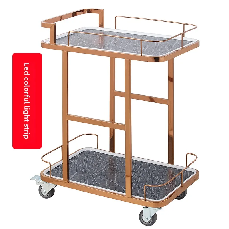 YFY stainless steel beverage cart - double-tiered, hand-pushed mobile serving cart for food delivery, and hot pot serving