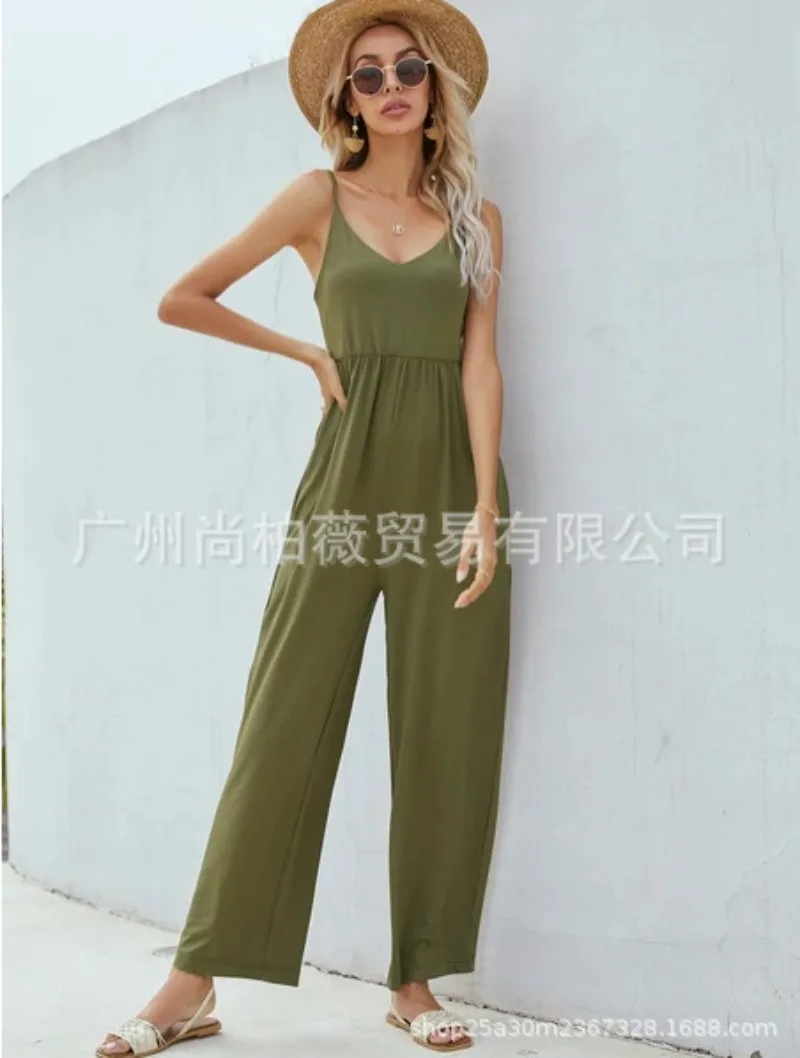 Spring Women's Solid Color Suspender Wide Leg Sexy Jumpsuit Women's Clothing