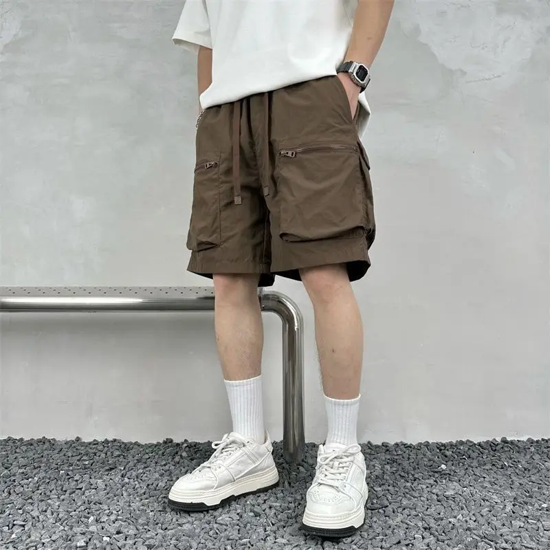 Summer Men's 2024 New Patchwork Elasticized Drawstring Pocket Zipper Thin Fashion Solid Color Loose Shorts Casual Sports Shorts