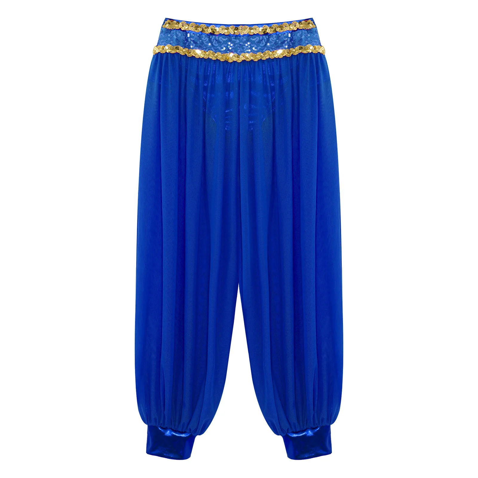 Pantaloni da costume da danza del ventre da principessa araba per ragazze Pantaloni lunghi da danza indiana Cintura dorata Pantaloni da ballo Harem in chiffon vestibilità ampia