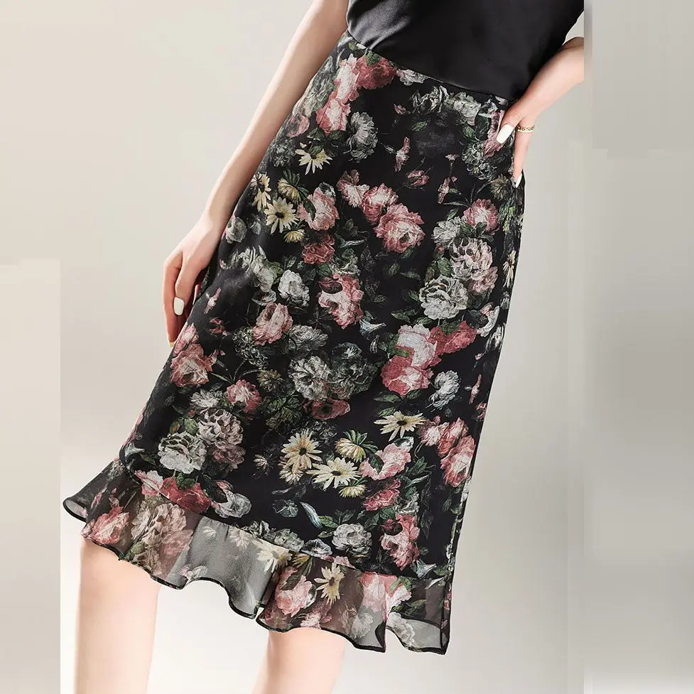 Elegant Ladies Slimming Skirt Leaf Print Half Body Summer Vacation Dress Stylish Asymmetrical Floral Printed Chiffon Sjirts D319