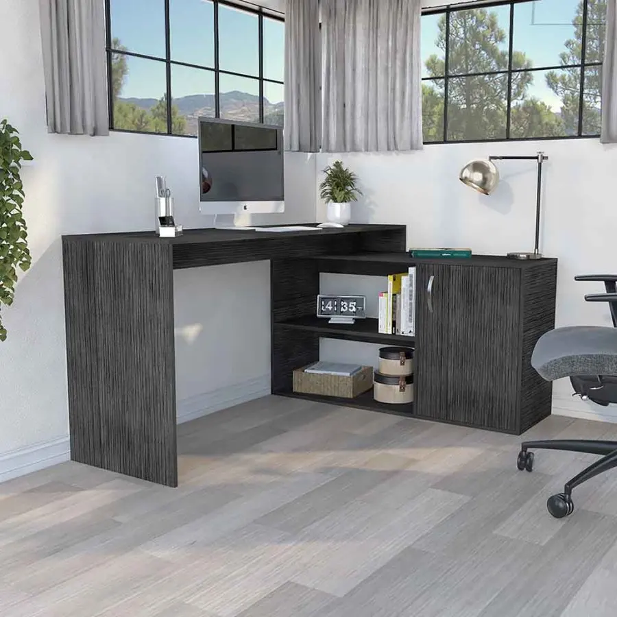 

L-Shaped Computer Desk Smokey Oak Open Closed Storage