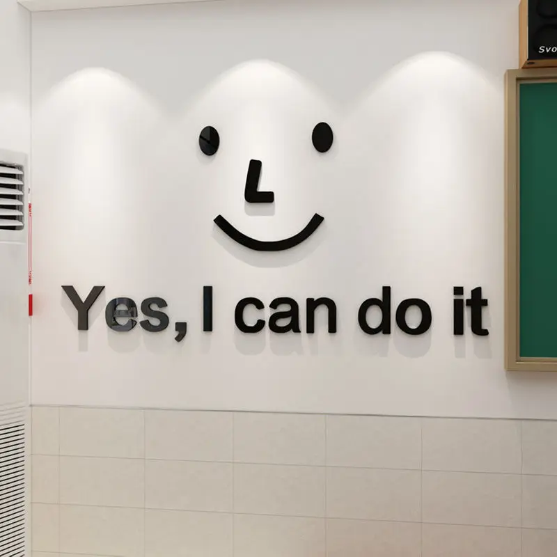 Smiling Face Acrylic Wall Sticker, Inspirational Wall Sticker, Living Room, Yes I can do it Office, English Slogan, Home Decor
