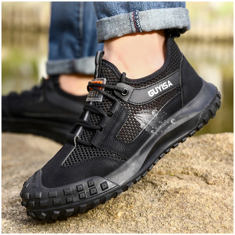 

mens casual summer safety shoes breathable working sneakers worker steel toe caps boots black stylish security footwear protect