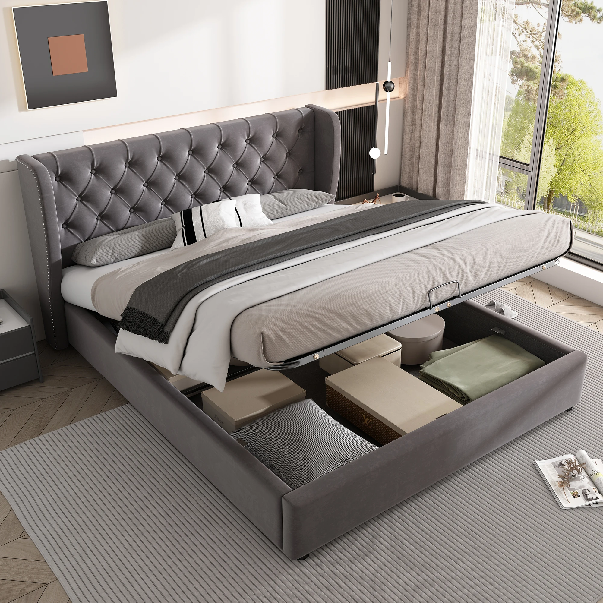 Lit coffre 140x190 cm - Lit double avec sommier à lattes et coffre hydraulique - Velours - Sans matelas - Gris