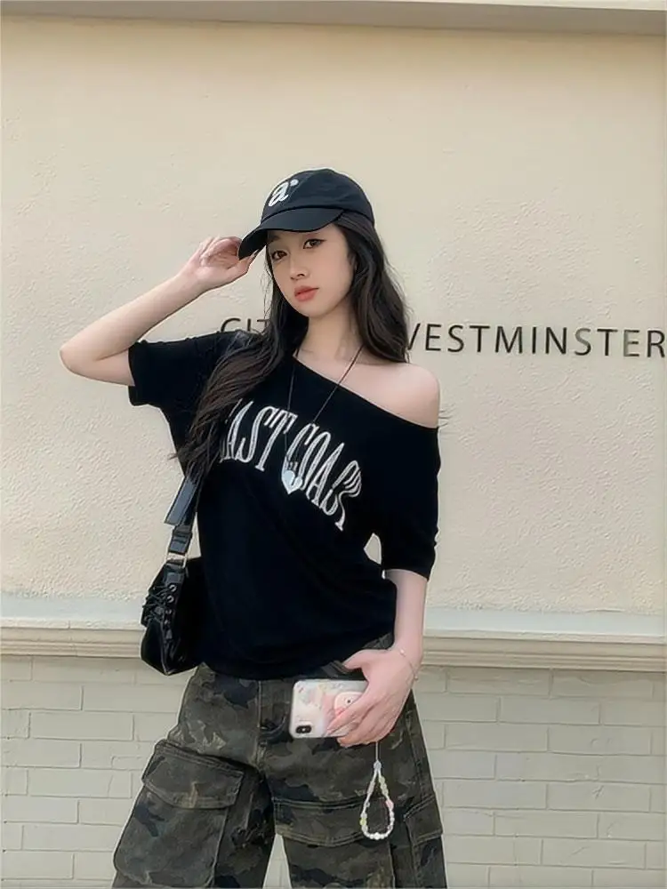 NUOMICI Korean K-pop Retro Oblique Collar Women Short-sleeved T-shirt Summer Niche Trend Loose Slim Versatile Off-shoulder Top - Image 3