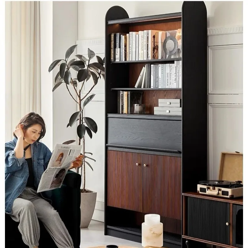 Nordic retro solid wood bookcase, living room whole wall combination bookcase, medium antique magazine cabinet, floor bookshelf
