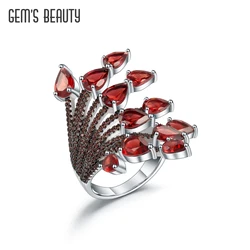 GEM'S BEAUTY Luxury Gemstones Indian Feather Headdress Ring Original Design Natural Garnet Adjustable Cocktail Ring for Women