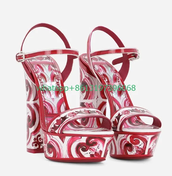 

Lady red printed design platform sandals chunky heel graffiti colorful design summer dress pumps party dance size 35-46 footwear