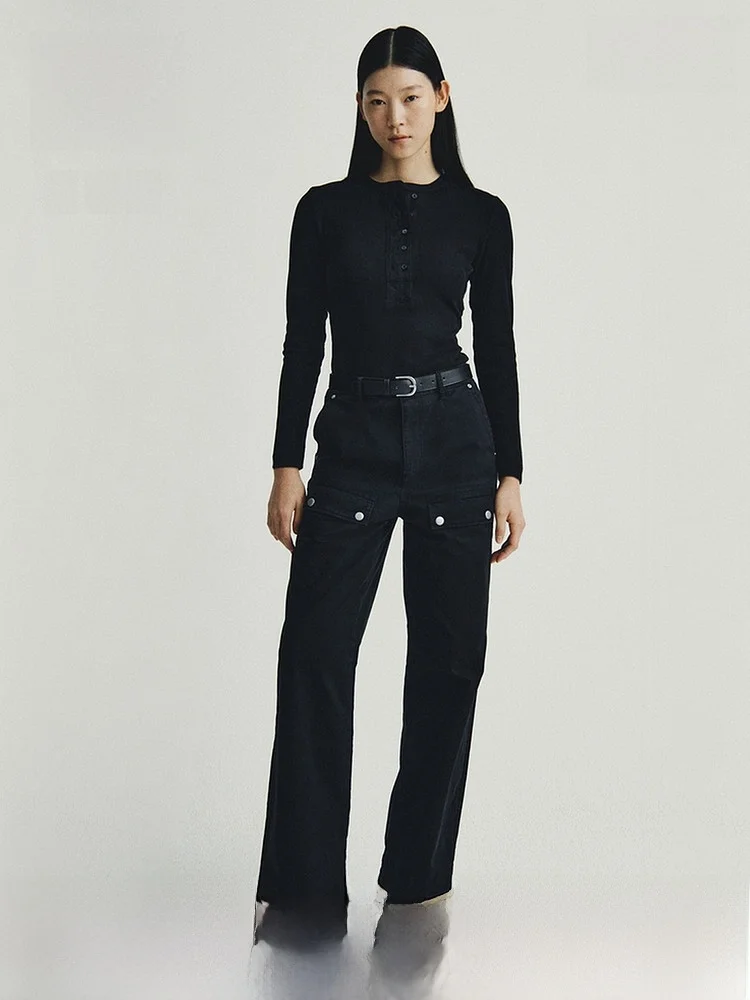 

H&M Women's Knitted Base irt Springtime Warm inside out Ribbed Knitwear Casual Fit Button Sle Polyester Lycra Cotton Blend