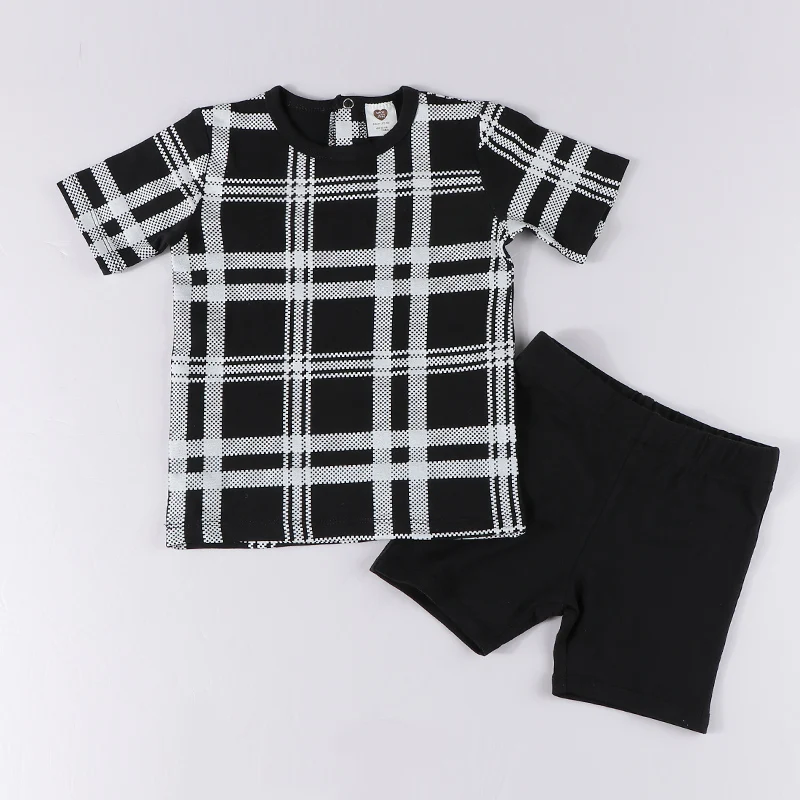 Plaid print pajamas set kids clothes short sleeve and shorts casual clothes round neck clothing black children summer cotton set image 2