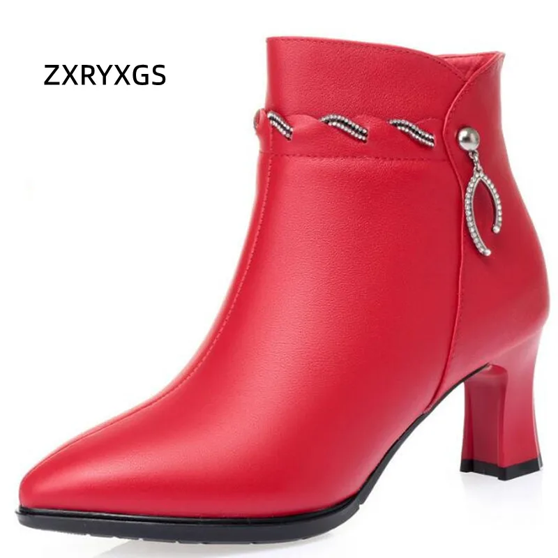 

ZXRYXGS Top Cowhide Rhinestone Women Fashionable Boots Single High Heels 2024 Warm Plush / Wool Snow Boots Banquet Wedding Boots