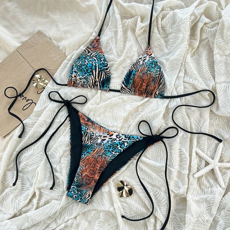 Sexy Leopard Print 2 Pcs Swimsuit Set Triangle Bra Suspender Halter Backless Bikini Set Beach Vacation Lace-up Swimwear Trikini