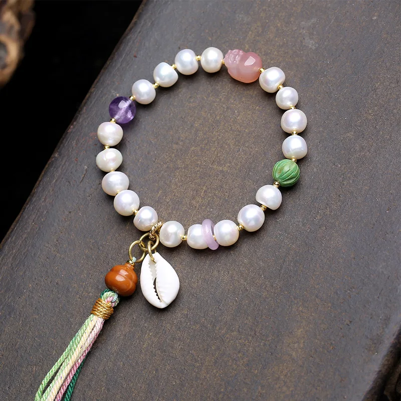 

Natural Pearl, Fashionable Yanyuan Agate, Pixiu, Scroll Pattern Beads, Monkey-Head Gourd and Amethyst Bracelet