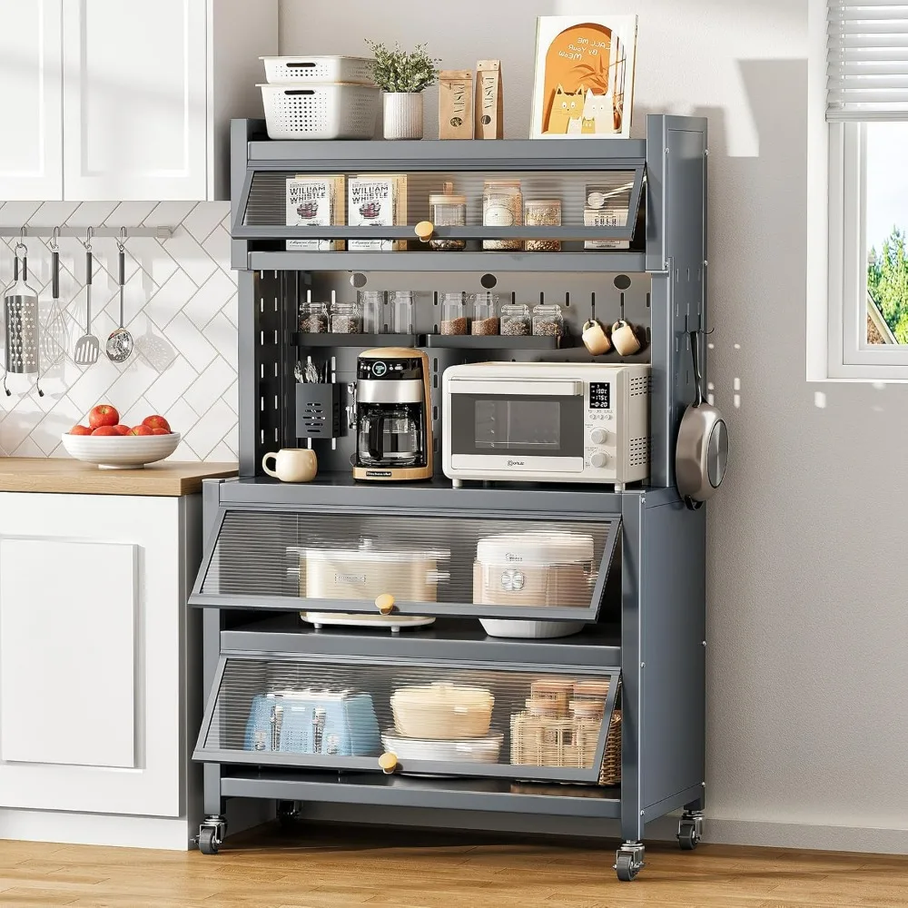 Kitchen Cabinet, Standing Bakers Rack , Microwave Stand with Flip Door Cabinet, Metal Shelves with Pegboard, Cabinets Kitchen