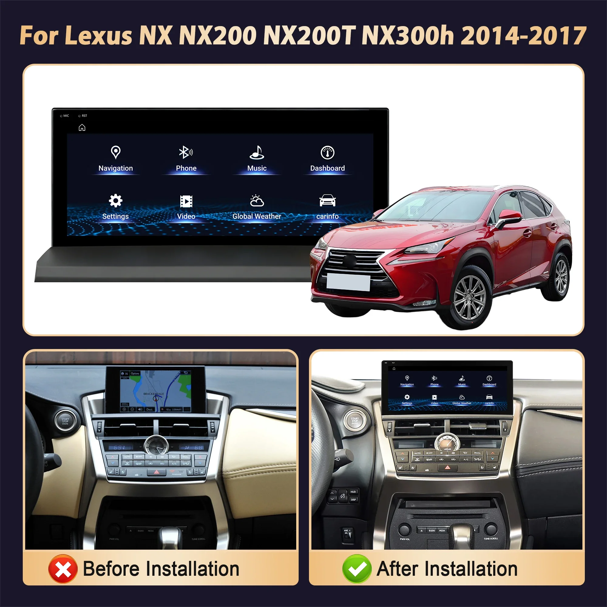 10.25'' Snapdragon 685 Touch Screen For Lexus NX NX200 NX200T NX300h 2014-2017 Android 14 GPS Navi Carplay Car Radio Multimedia