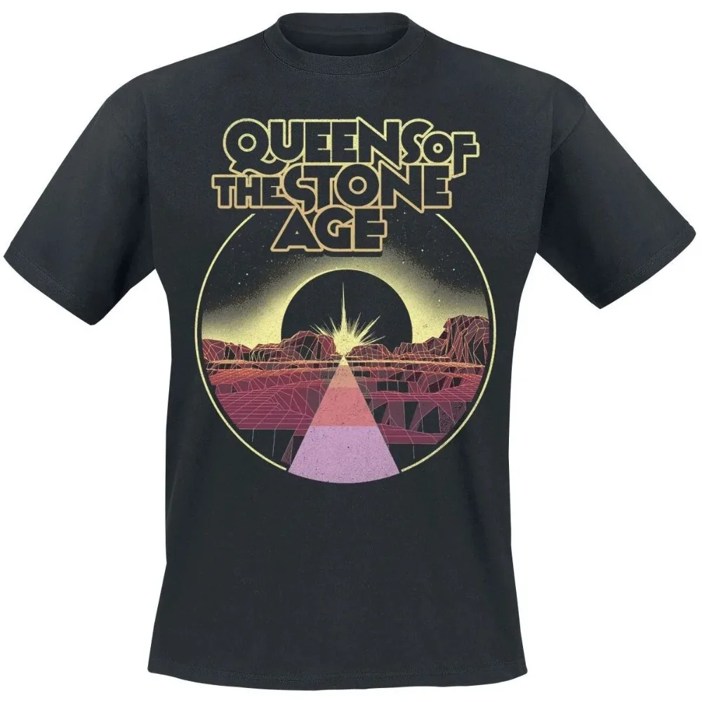 Summer Queens of The Stone Age Retro Synthwave Tee Alt Rock T-Shirt with Desert Eclipse Print Band Fan Merch Men and Women