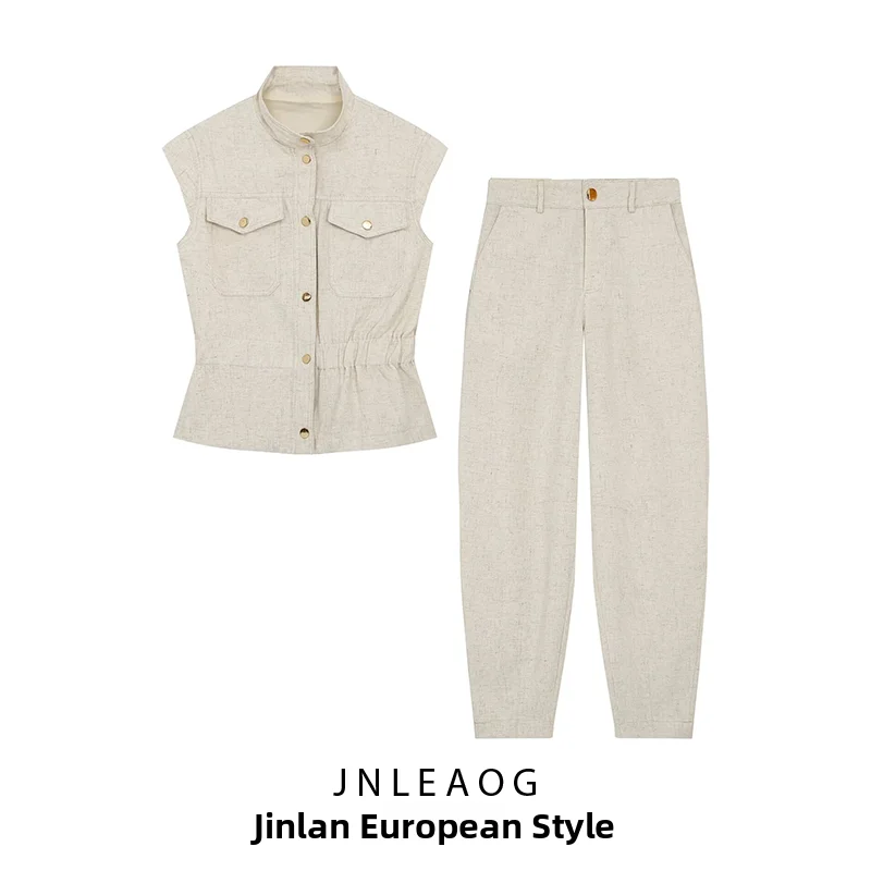 JNLEAOG Autumn New Women's Fashion Vest Bucket Pants Pocket Decoration Two-Piece Set Ladies' Clothing Trendy Outfit