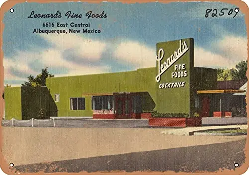 Metal Sign New Mexico Postcard - Leonard's Fine Foods, 6616 Central Ave. - East, Albuquerque, New Mexi - Vintage Rusty Look