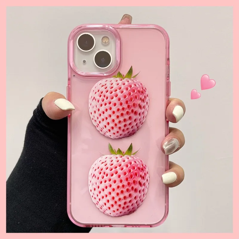 Colorful Case Ins Acrylic Lovely Sweet Happy Cute Cover For iPhone 12 Promax 15 Pro13 14 Strawberry Pattern Pink Phone Shell