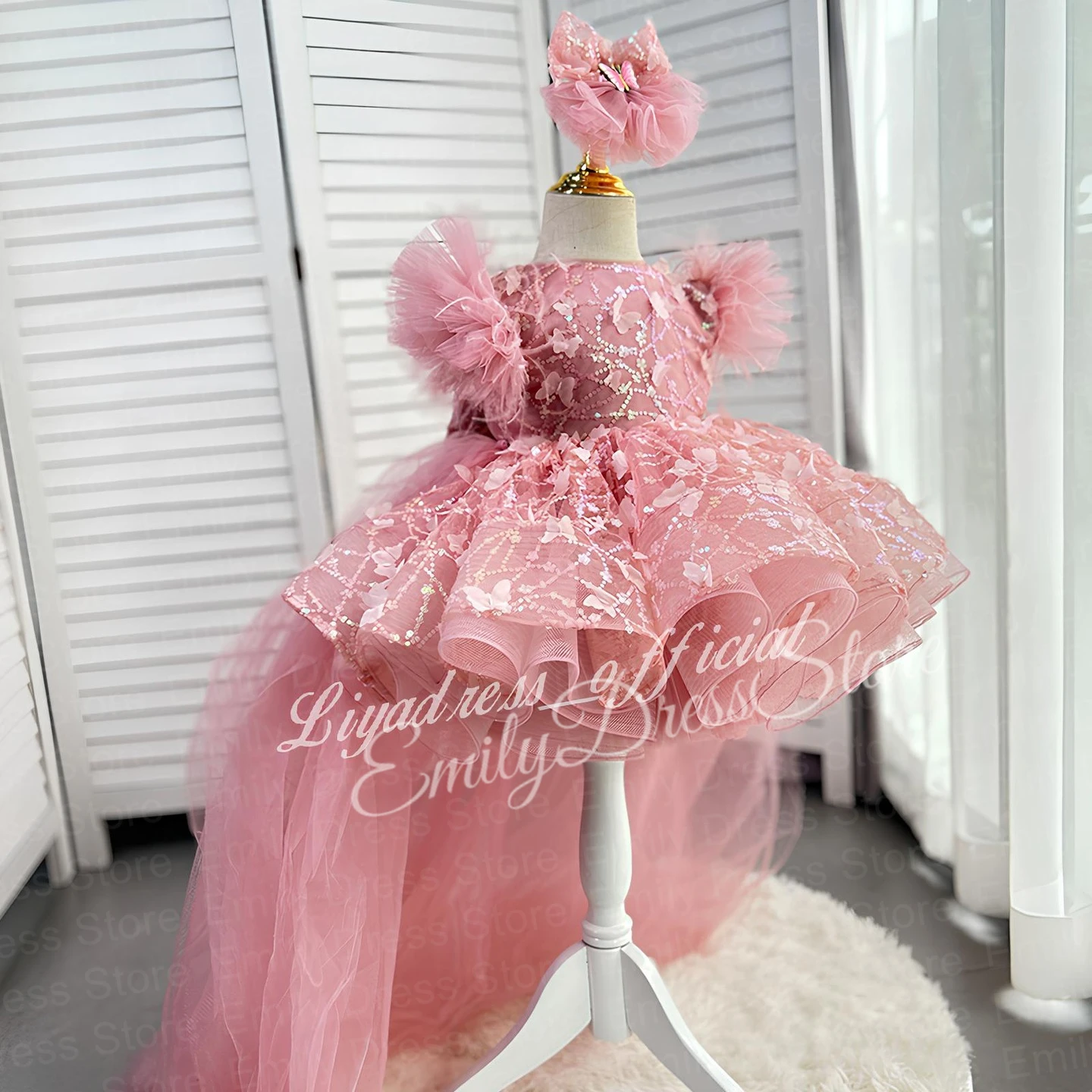 Customized Baby Flower Girl Dress For Wedding Applique Puffy Tulle Feather Sequins Birthday Party Kids First Communion Ball Gown image 5