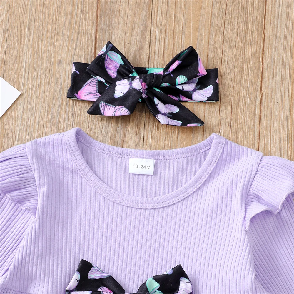 3PCS Kids Baby Girl Autumn Clothes Set Long Sleeve Top+Butterflies Pant with Headband Lovely Outfit for Children Girl 1-5 Years