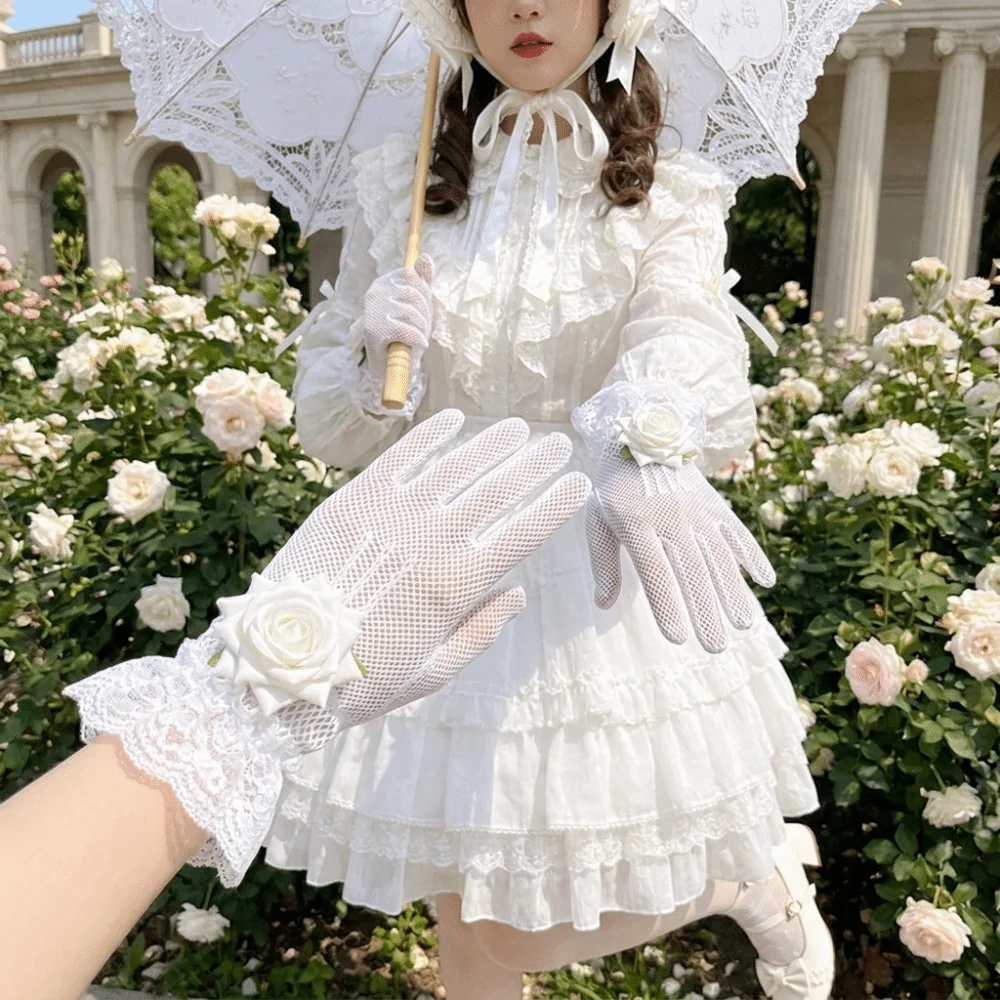 Vintage Rose Flower Fishnet Gloves Thin Hollow Out Mesh Mittens Breathable Punk Bridal Gloves Cosplay