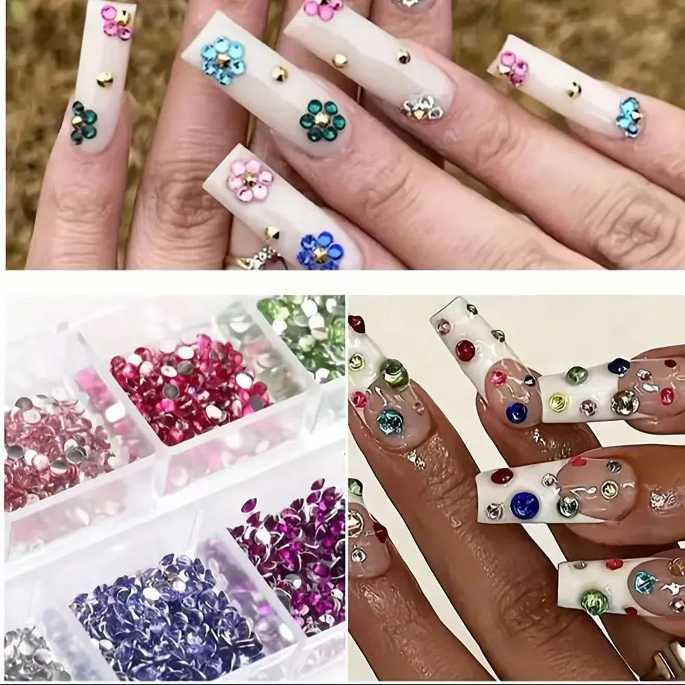 2Boxes Flatback Rhinestones + Pearl Nail Charms Nail Accessories 3D Shiny Colorful Nail Art Charms Set #1 Picker Pen & 1 Tweezer