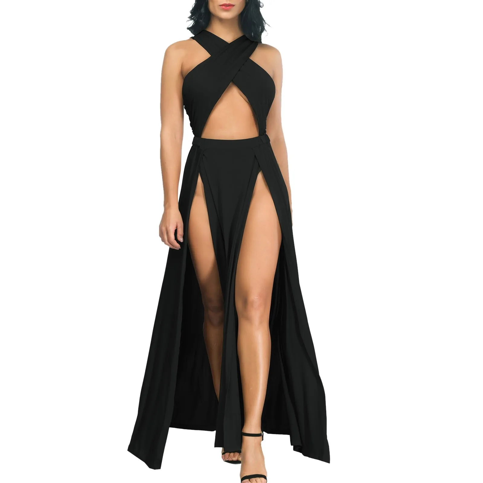 Women Sexy Hollow Out Dress Wrap Solid Color Sleeveless Plain Criss Cross Slit Long Maxi Dress Dance Party Wear Dress Ladies