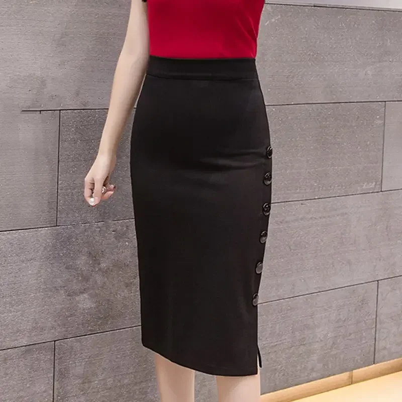 Oversized 2024 Fashion Women Work Midi Skirt OL Sexy Open Slit Button Slim Pencil Skirt Elegant Office Ladies Skirts Red Black