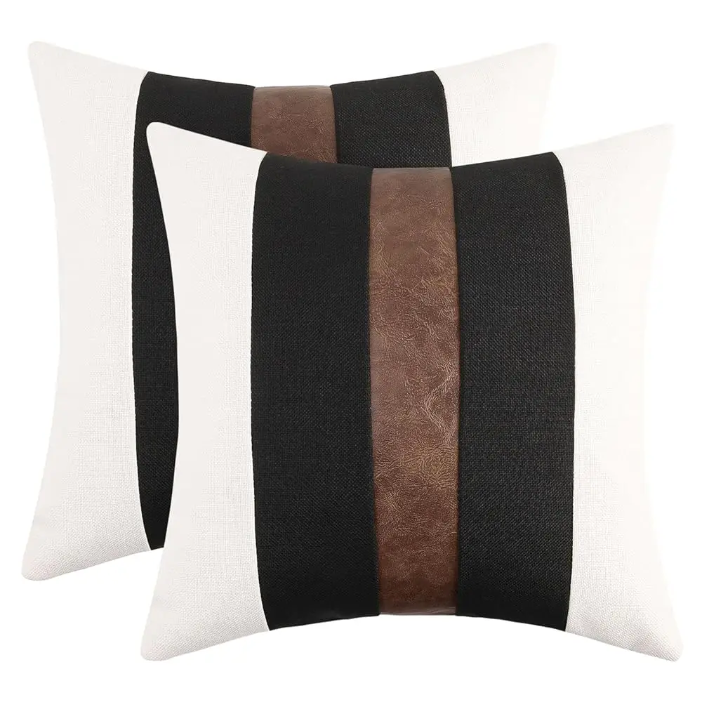 

Set Of 2 Faux Leather And Linen Lumbar Pillow Covers 22X22 H Bla And White Modern Farmhouse Rectangular Accent Cushion Covers