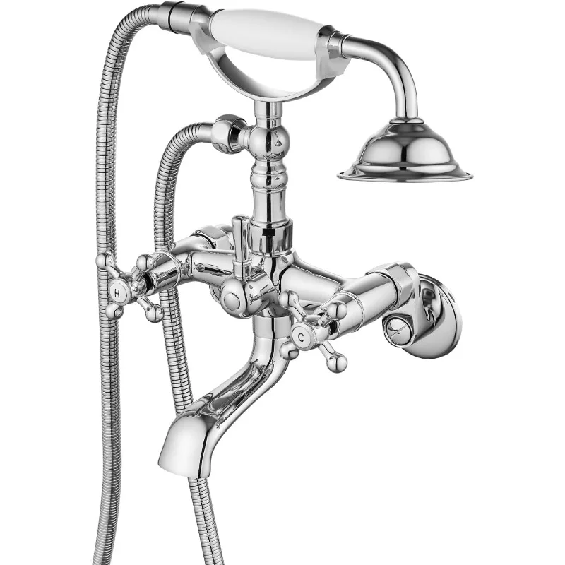 Clawfoot Bathtub Faucet Tub Filler with Hand Held Shower Faucet Set Victorian Double Cross Handle 6 Inch Center Adjusta