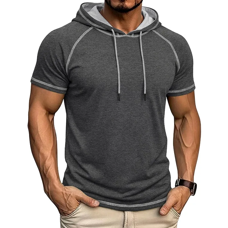 

Мужская летняя повседневная толстовка-пуловер с коротким рукавом, контрастной строчкой, рукавами реглан и шнурком, модель 2026 года