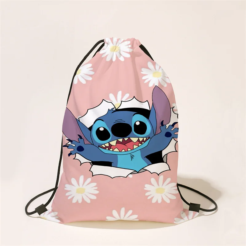 Nuevo Anime Disney Stitch impreso piel de melocotón bolso con cordón Kawaii Lilo Stitch estudiante mochila portátil bolsa de regalos de dibujos animados