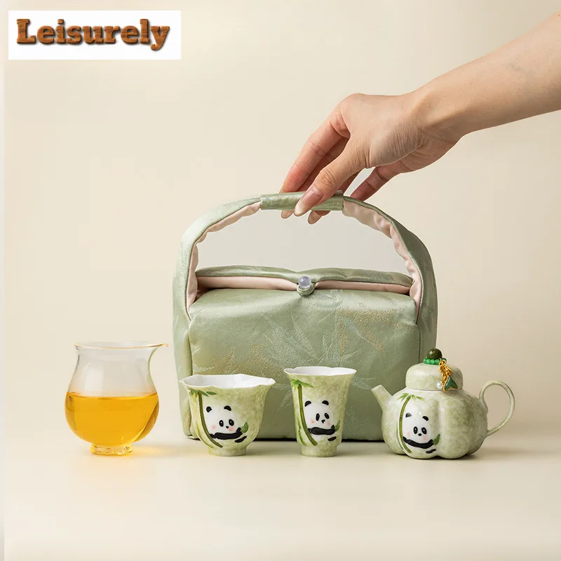 

Ручная роспись панды, дорожный чайный сервиз, японский 1 горшок, 2 чашки, органайзер для заваривания чая, портативная сумка для пикника, чайный набор, принадлежности для рукоделия