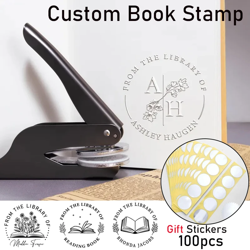 Personalized Book Embosser,100pcs Sliver Stickers Kit Library Embosser Stamp,Ex-libris Embosser,Custom Book Embosser, Book Stamp
