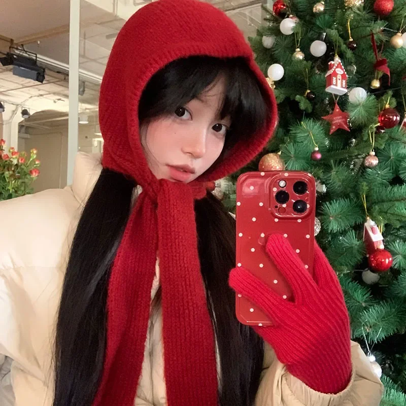 Winter Korea Cute Women's Knitted Hood Scarf Little Red Hat Warm Ear Protection Cold Windproof Cap Fashion Woolen Pullover Hat