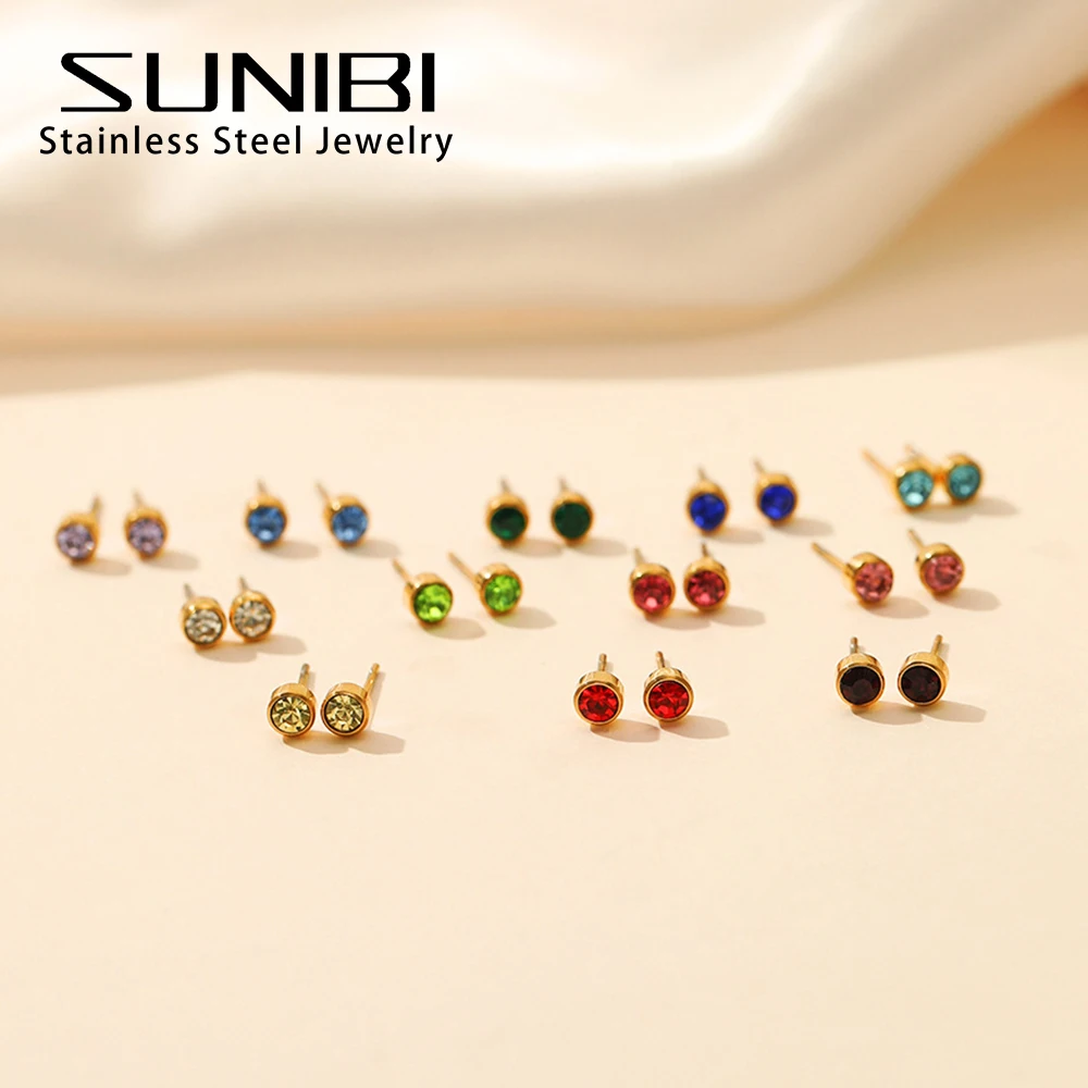 SUNIBI kolczyki ze stali nierdzewnej dla kobiet Birthstone pistolet do piercingu złoty kolor kolczyki do uszu Push-Back Piercing prezenty biżuteria hurtowych