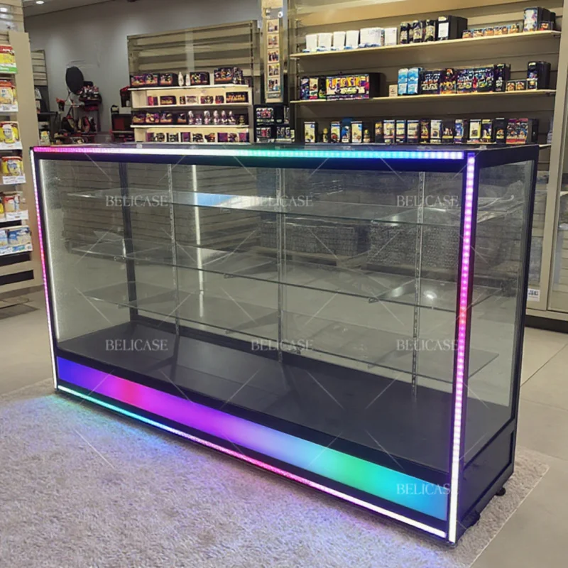 

2025customized.Smoke Shop Glass Display Counter with Colorful Light Full Showcase Lockable Cabinet Glass Display